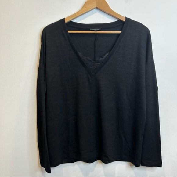 Dynamite Long Sleeve V-Neck Shirt with Lace Detail Black - Picture 1 of 5